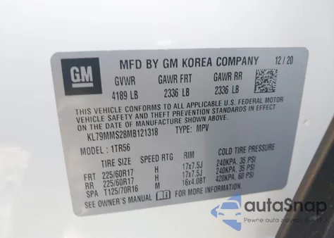 2021 Chevrolet Trailblazer Fwd Ls z USA, uszkodzony, nr VIN KL79MMS28MB121318